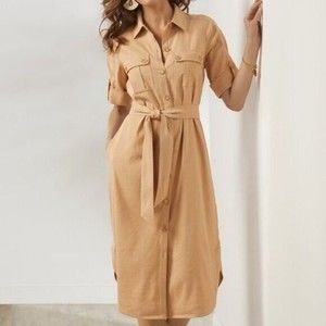 Soft Surroundings Fontana Tie Waist Linen Safari Shirt Dress Tan Khaki Sz 1X